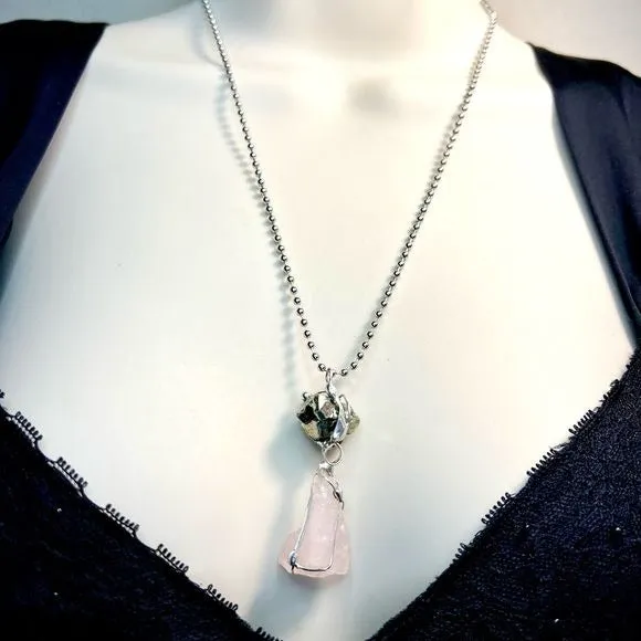 Raw Pink Quartz & Pyrite Natural Gemstones Pendant Caged in Boho Matalwork