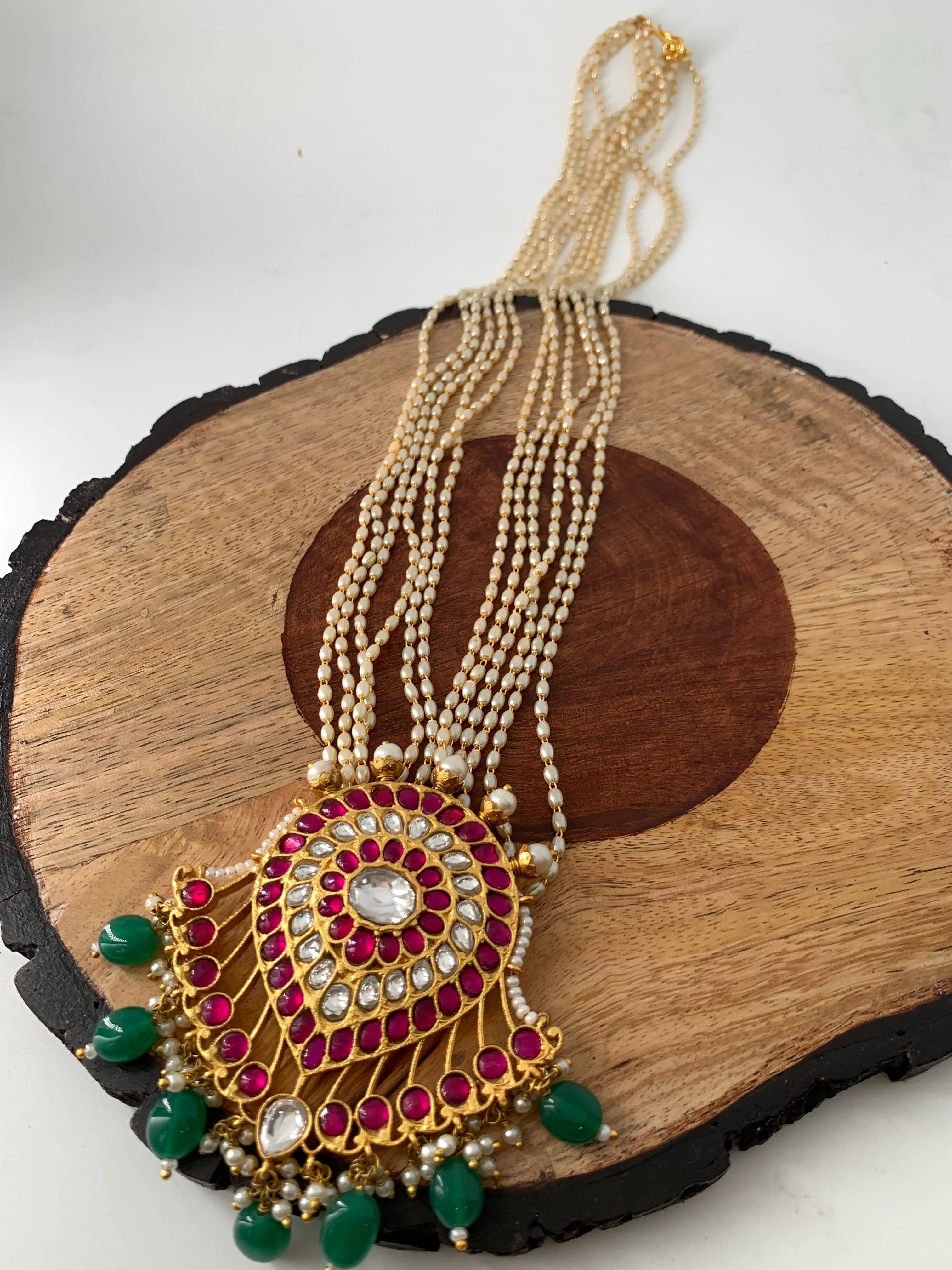 Red Green Jadau Kundan Emerald Beads Pendent with Rice Pearls Mala