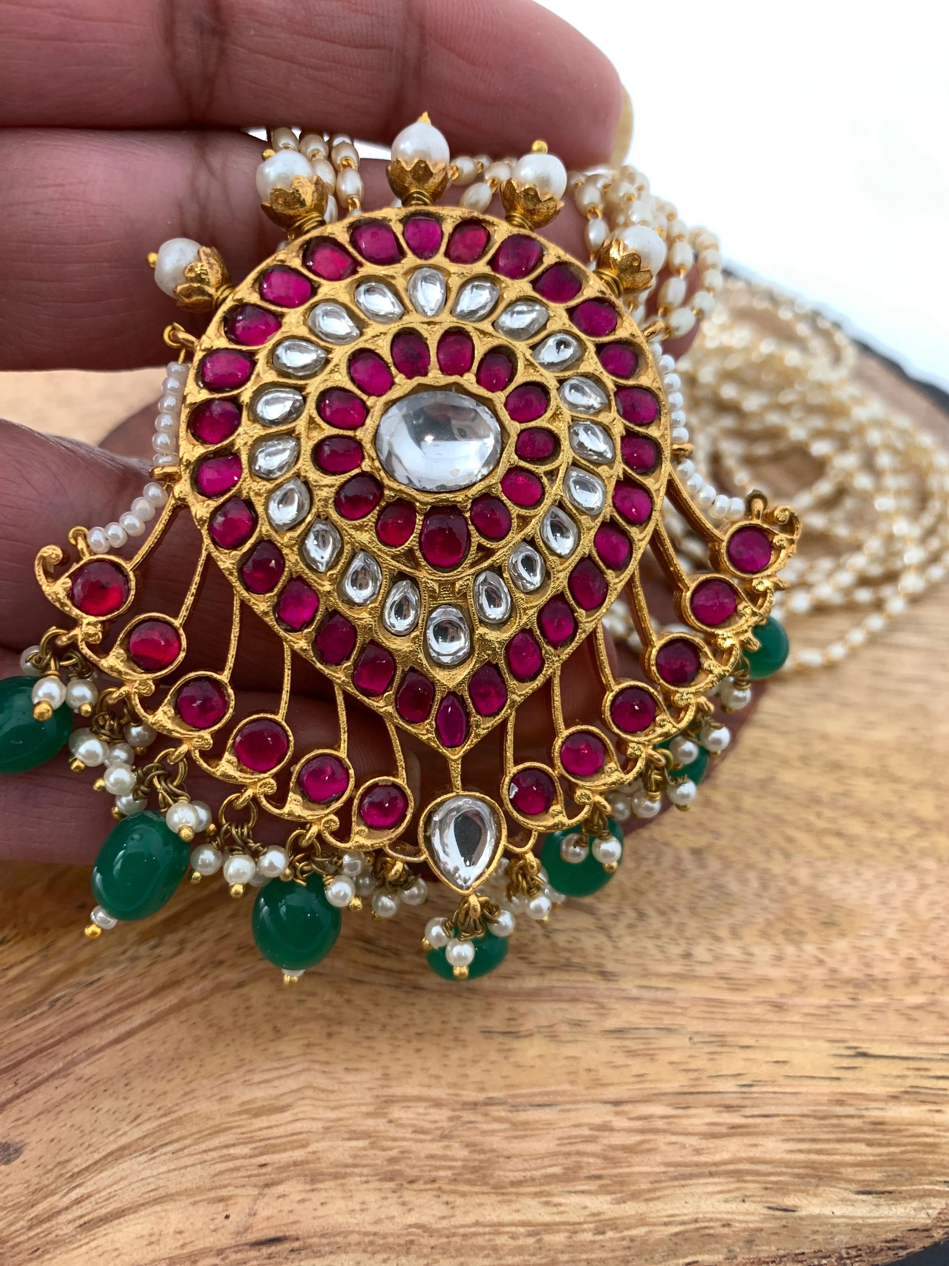 Red Green Jadau Kundan Emerald Beads Pendent with Rice Pearls Mala