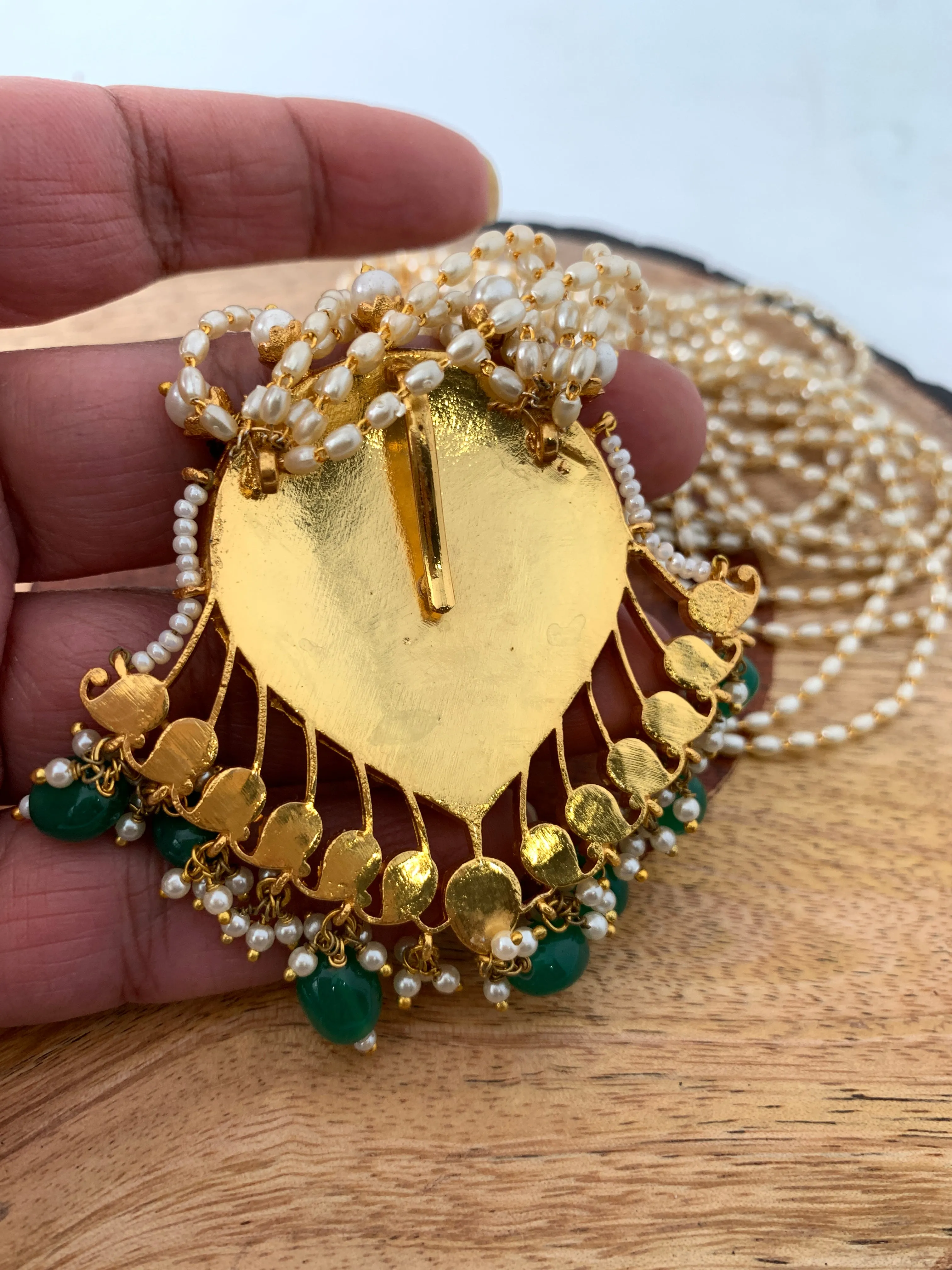 Red Green Jadau Kundan Emerald Beads Pendent with Rice Pearls Mala