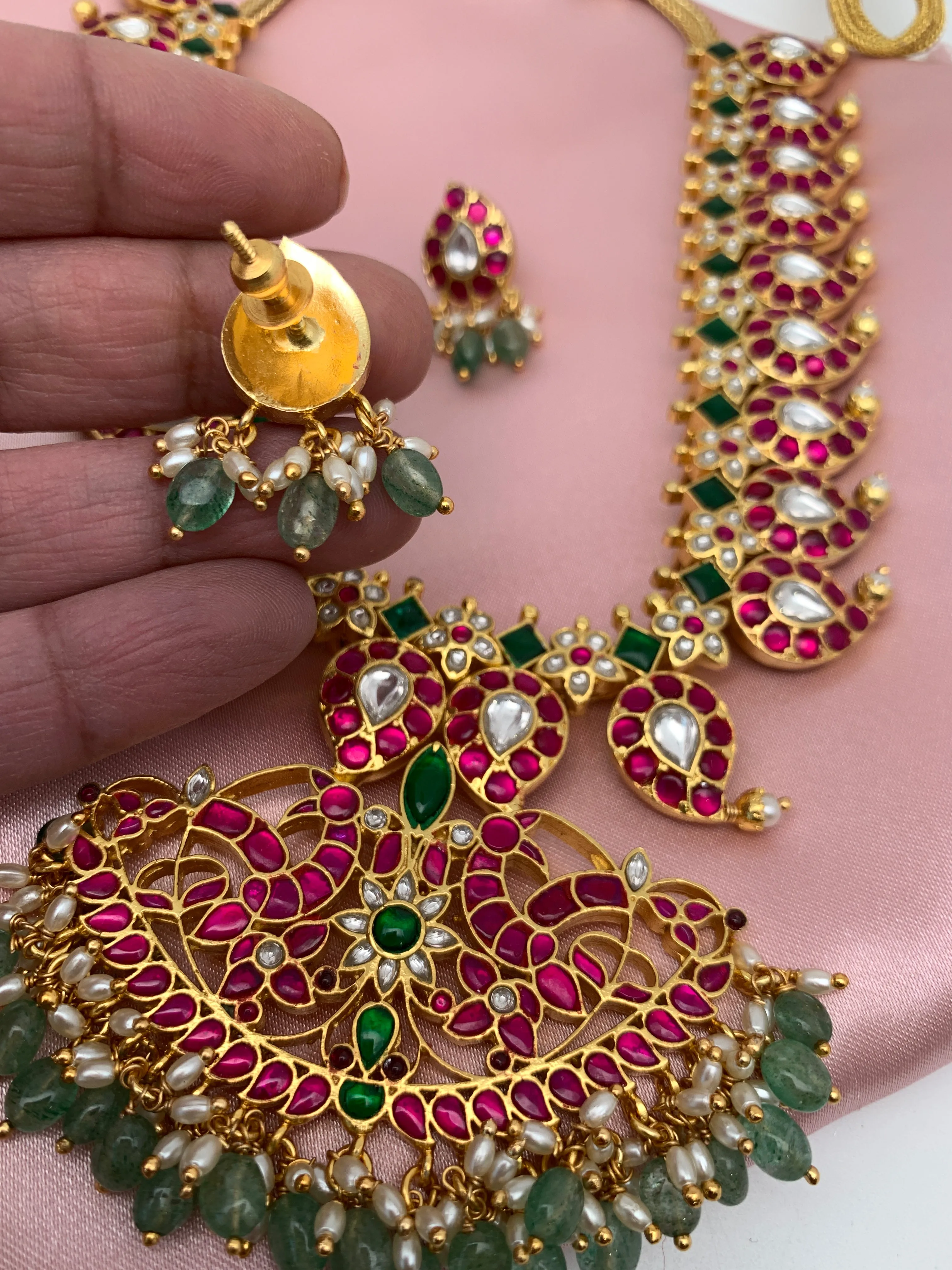 Red Green Jadau Kundan Mango Emerald Beads Mala