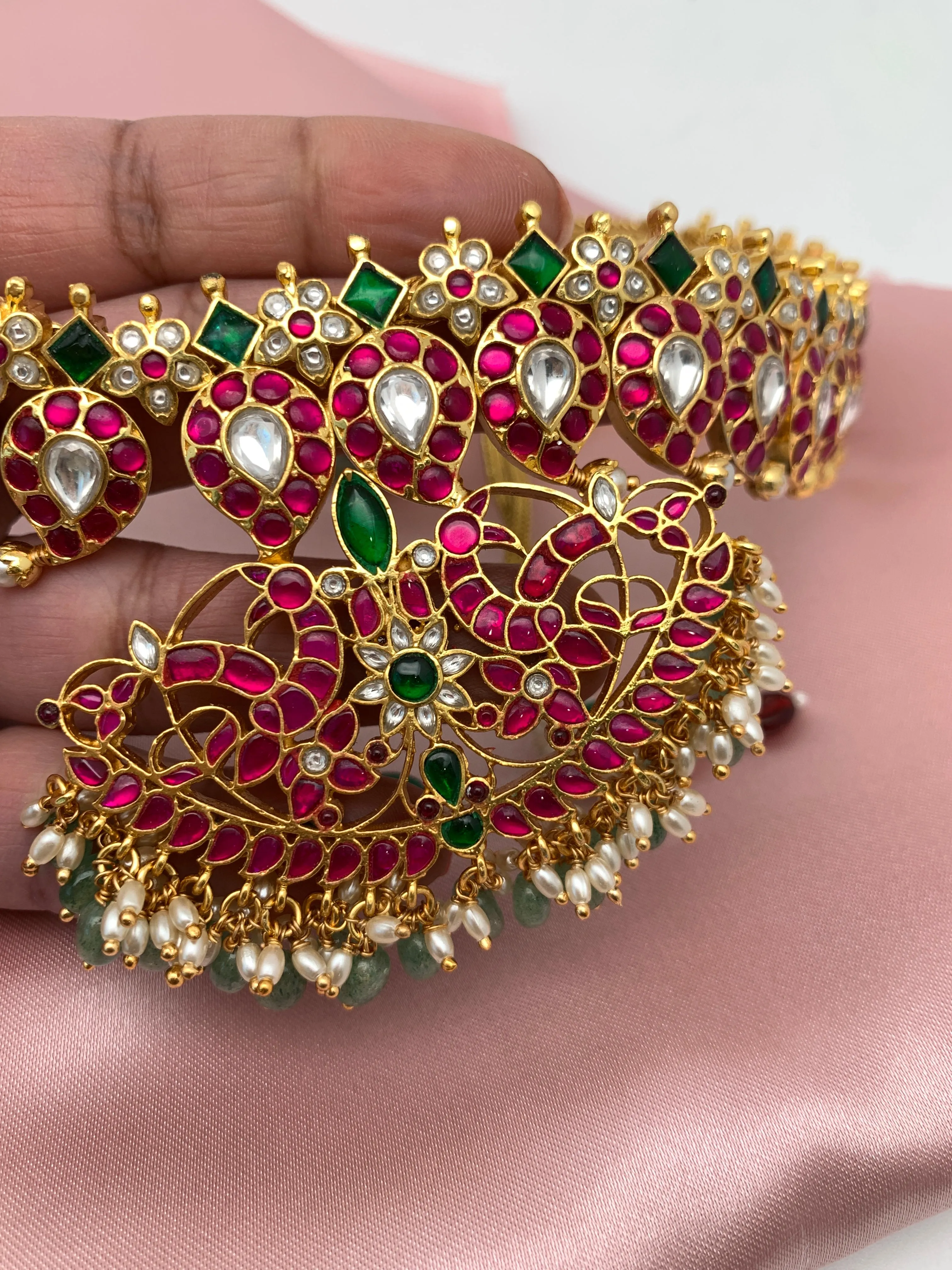 Red Green Jadau Kundan Mango Emerald Beads Mala