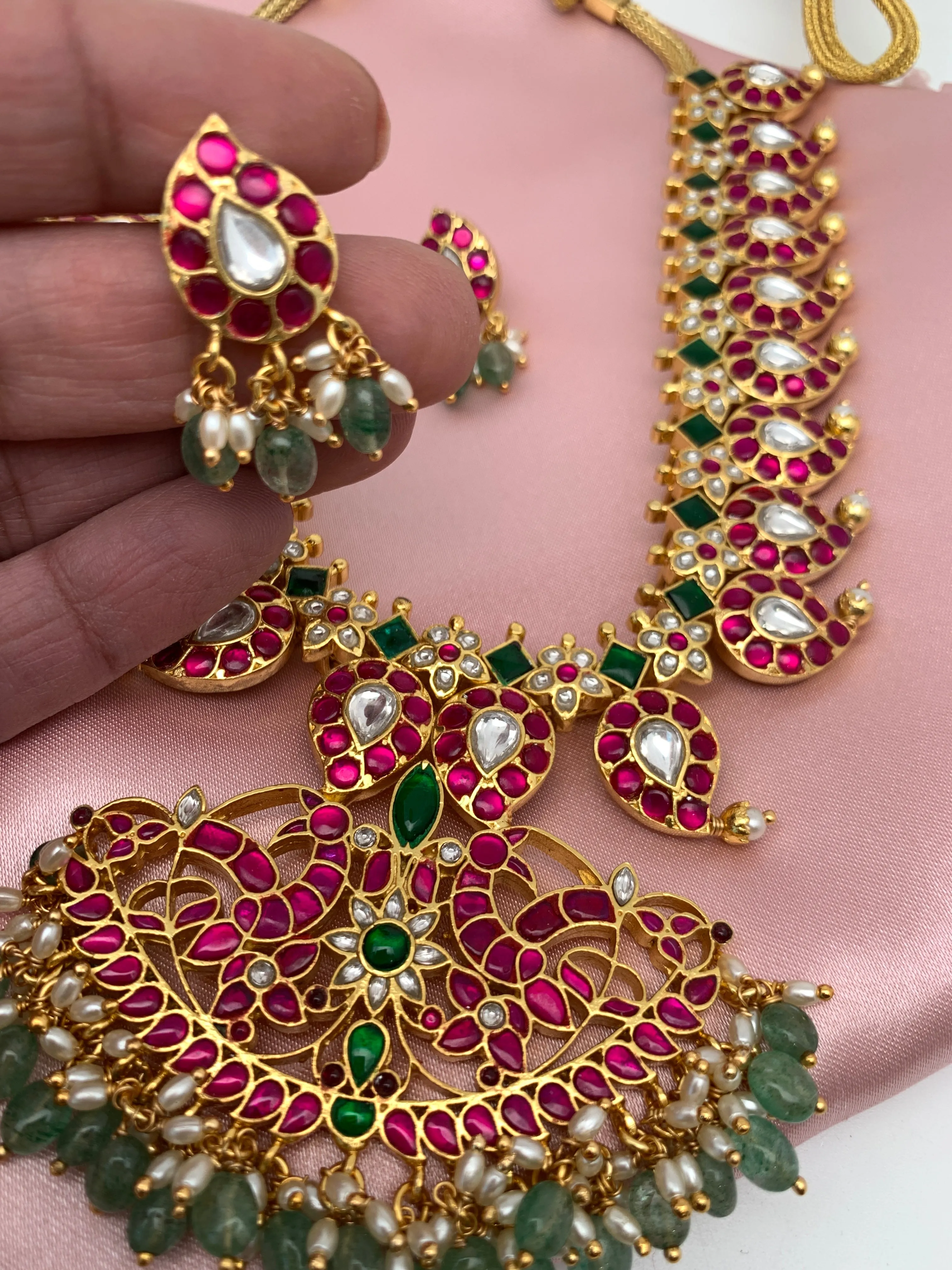 Red Green Jadau Kundan Mango Emerald Beads Mala