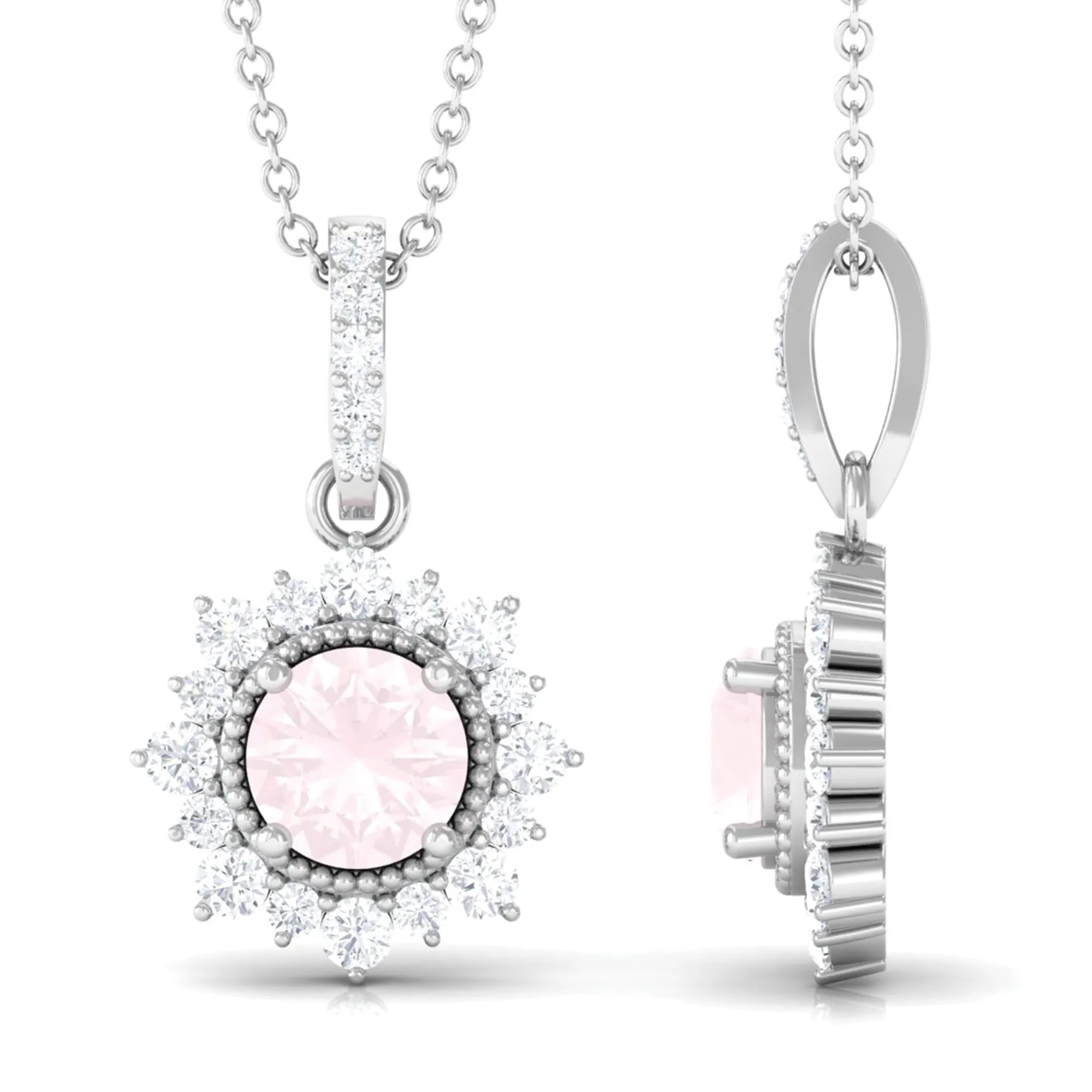 Rose Quartz and Diamond Halo Pendant