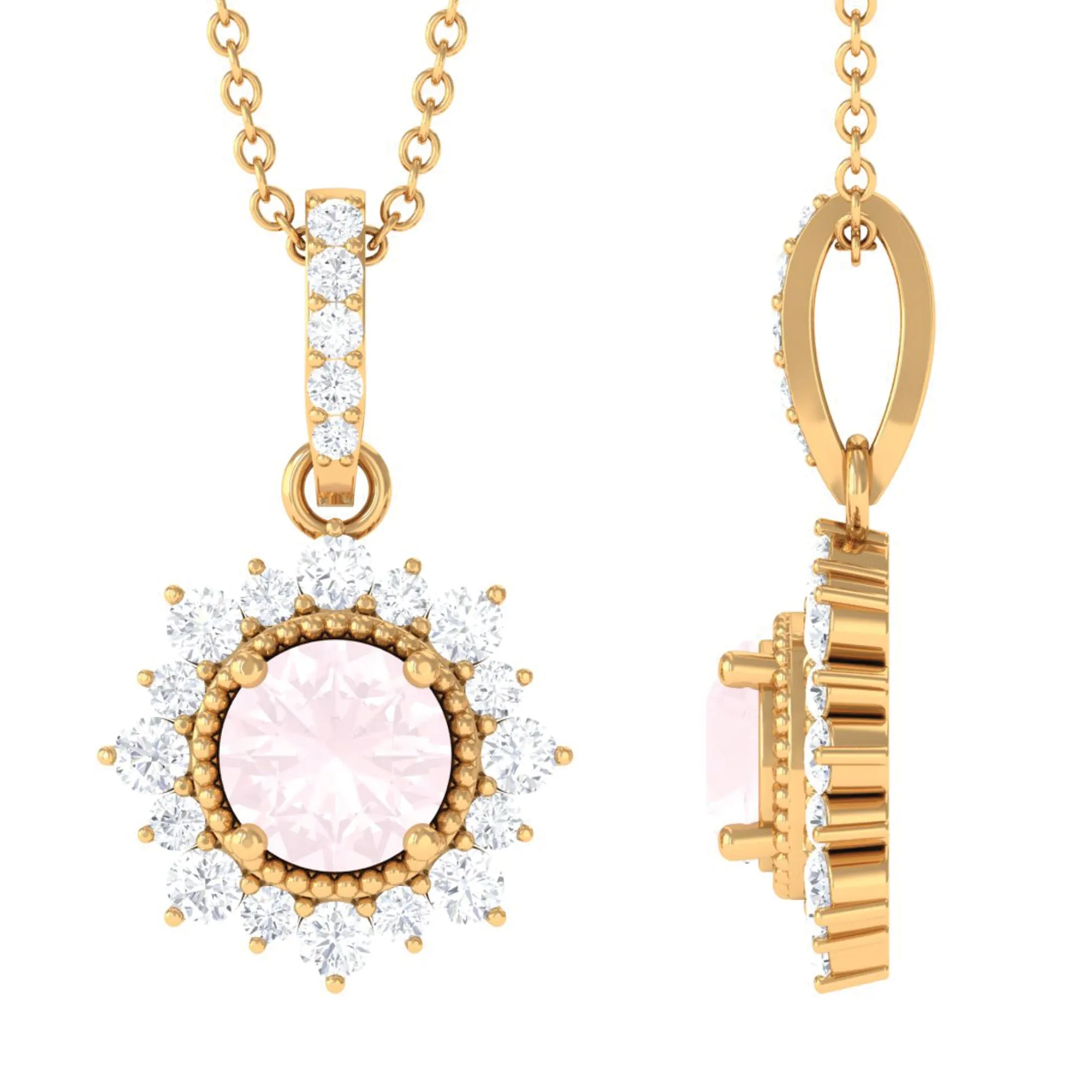 Rose Quartz and Diamond Halo Pendant