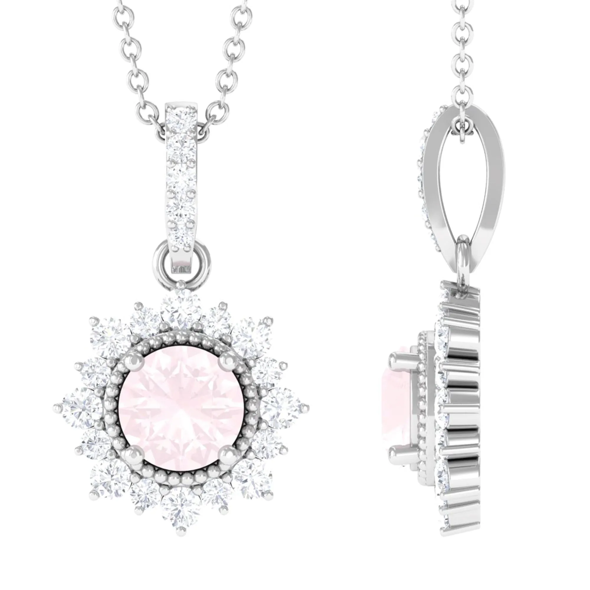 Rose Quartz and Diamond Halo Pendant