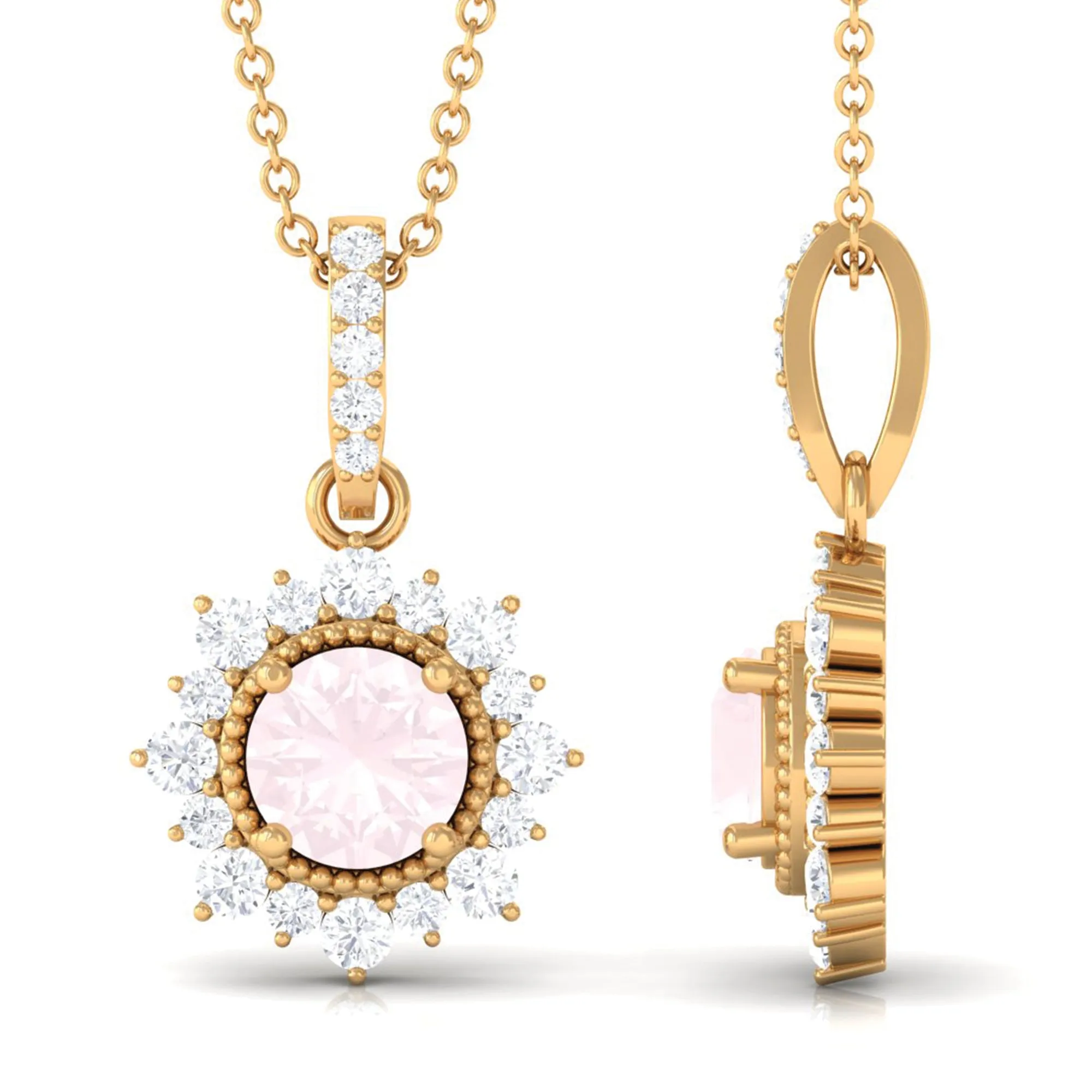 Rose Quartz and Diamond Halo Pendant