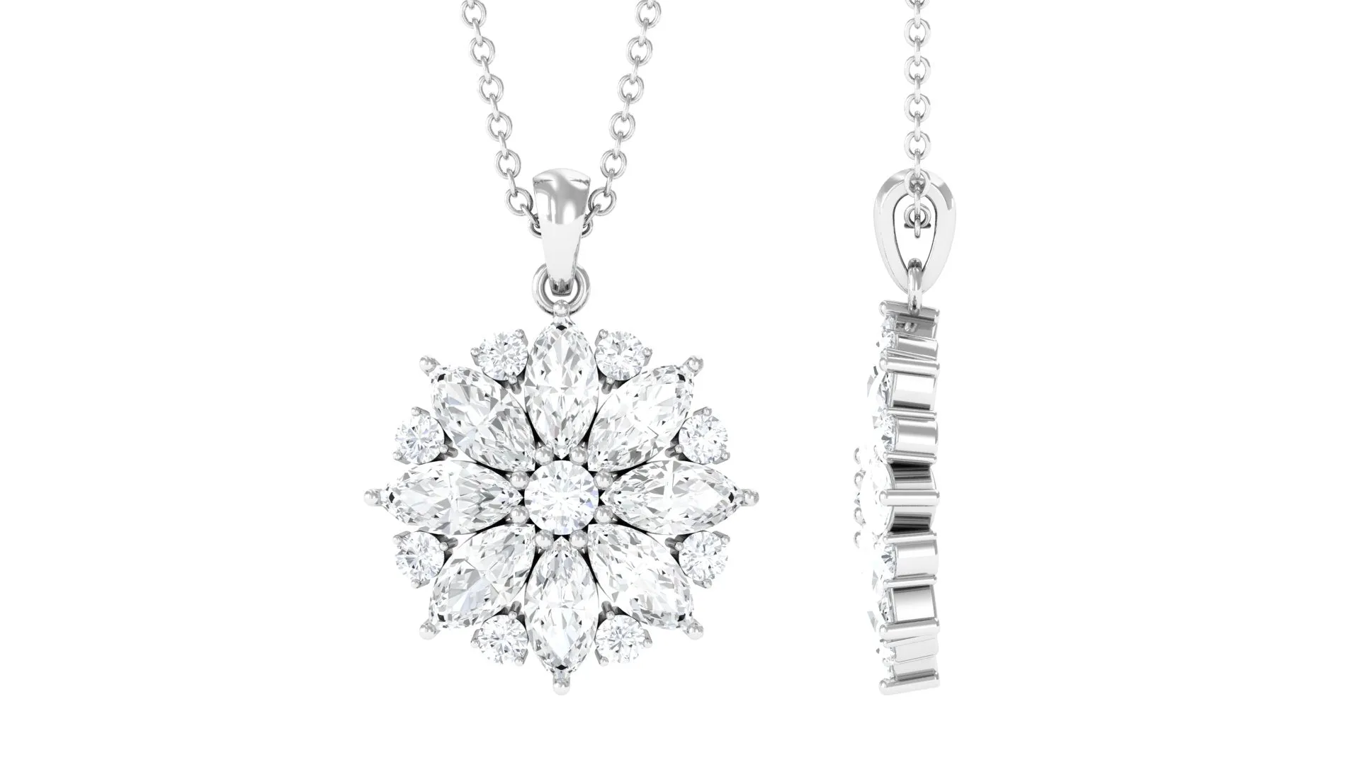 Round and Marquise Cut Moissanite Statement Flower Pendant
