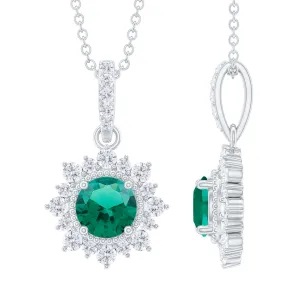 Round Created Emerald Halo Pendant with Diamond Accent Bail