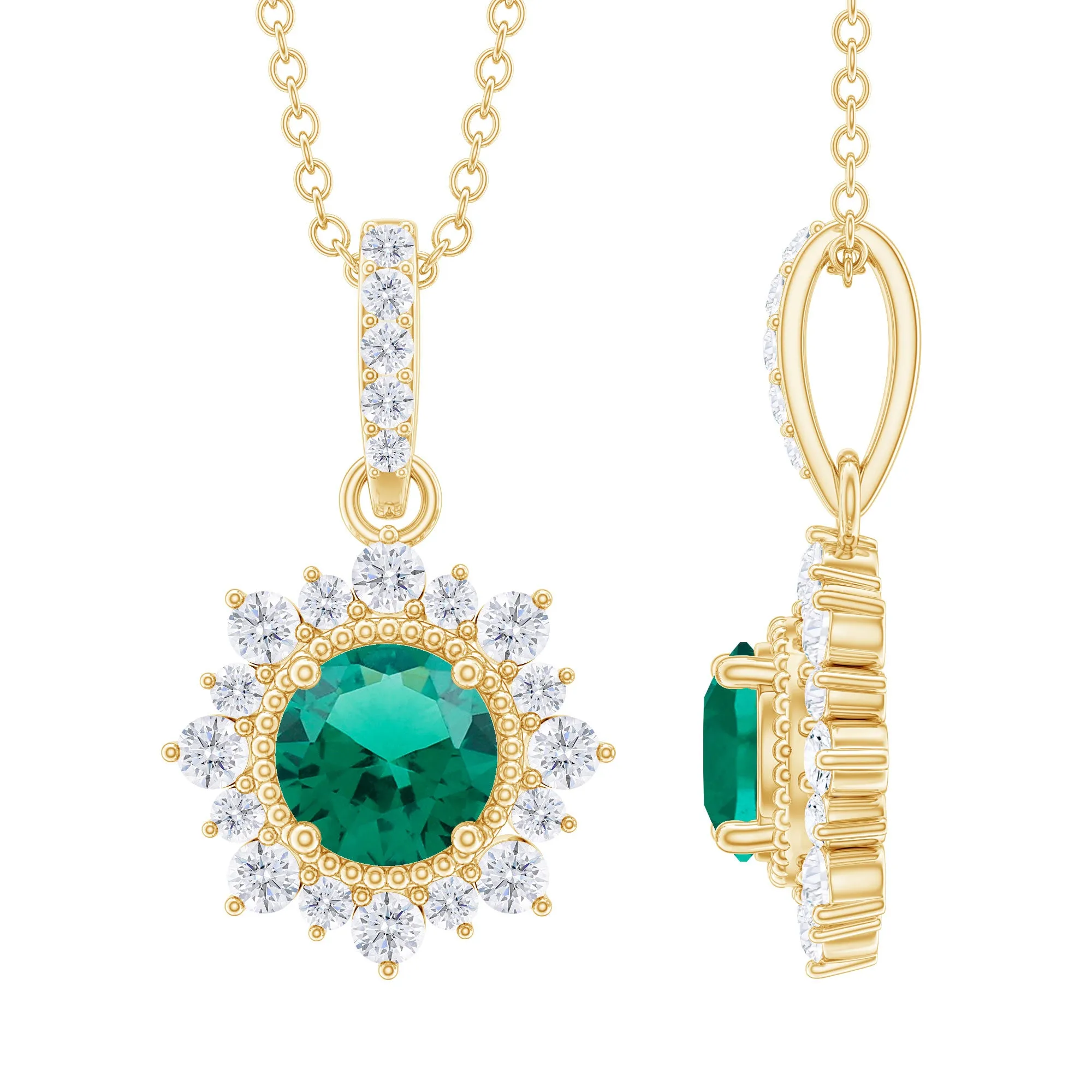 Round Created Emerald Halo Pendant with Diamond Accent Bail