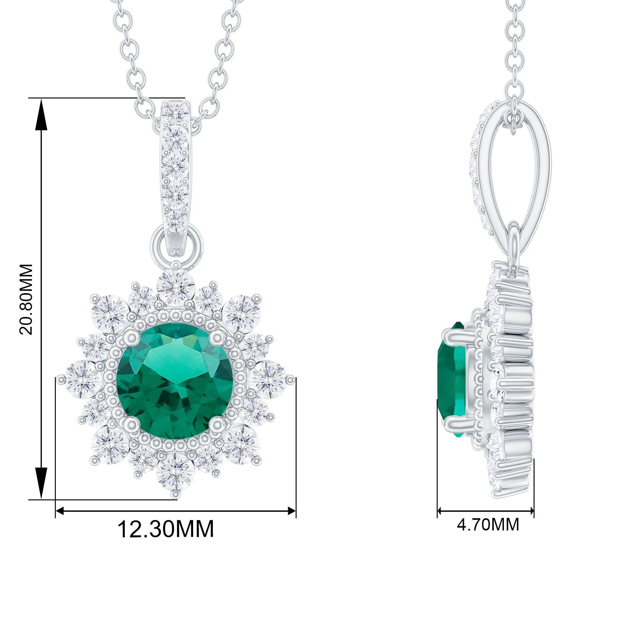 Round Created Emerald Halo Pendant with Diamond Accent Bail