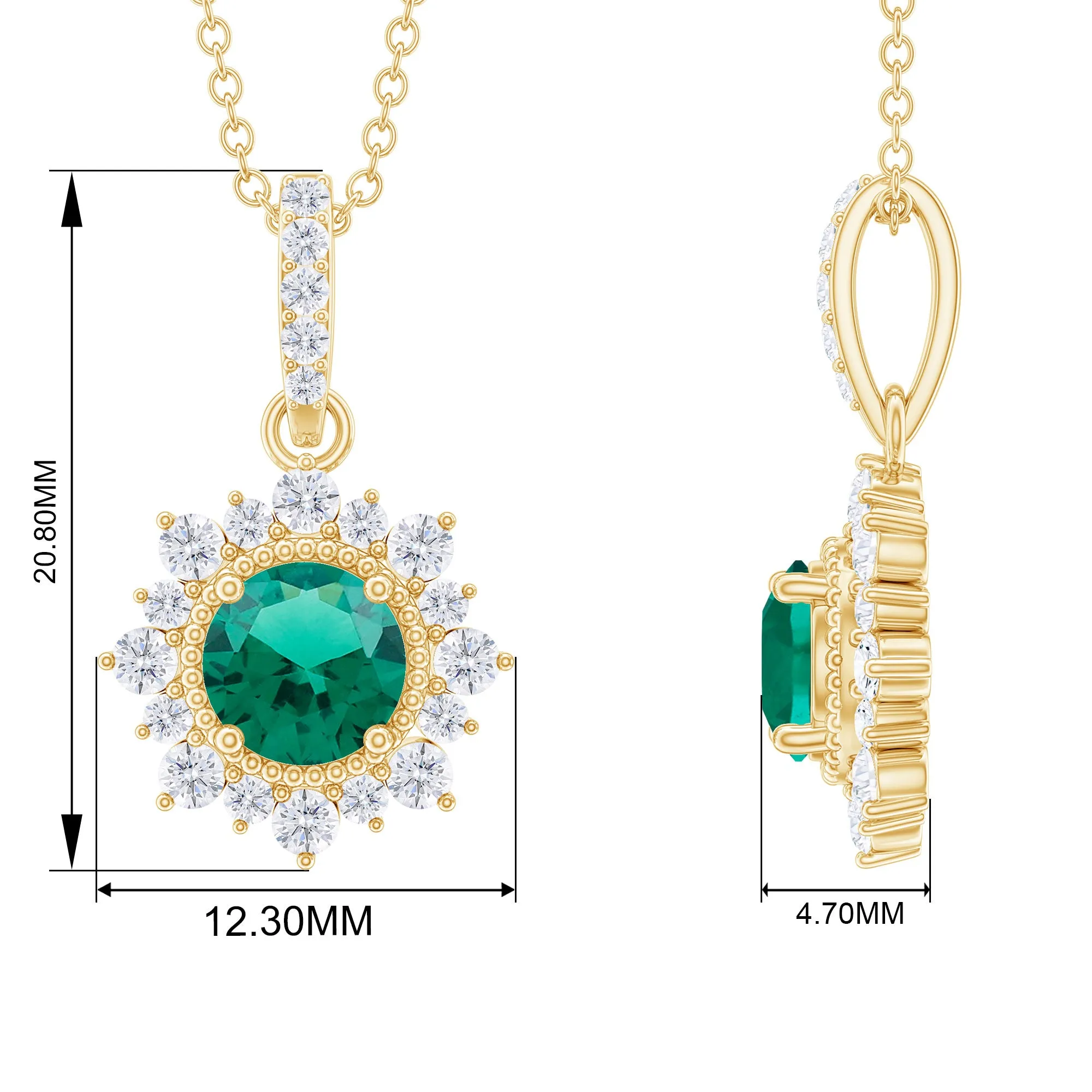 Round Created Emerald Halo Pendant with Diamond Accent Bail
