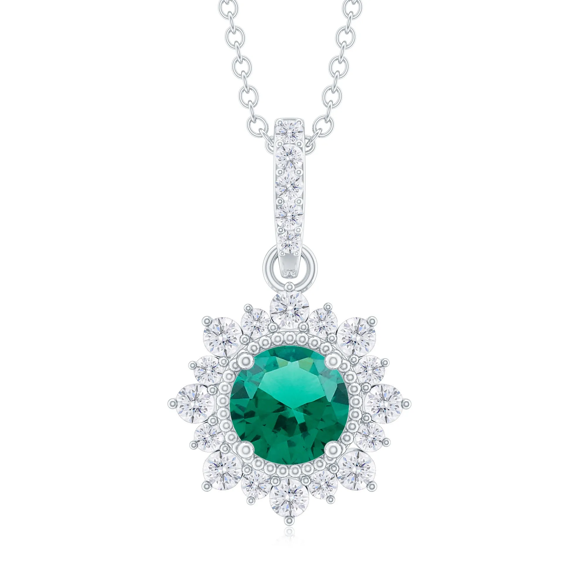 Round Created Emerald Halo Pendant with Diamond Accent Bail