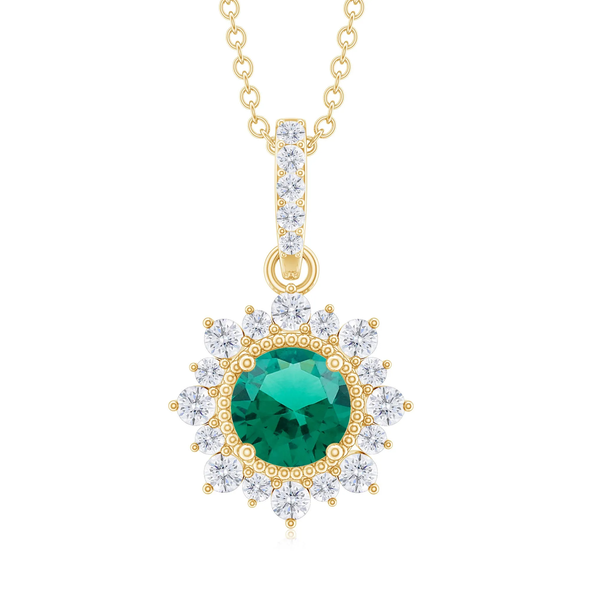 Round Created Emerald Halo Pendant with Diamond Accent Bail
