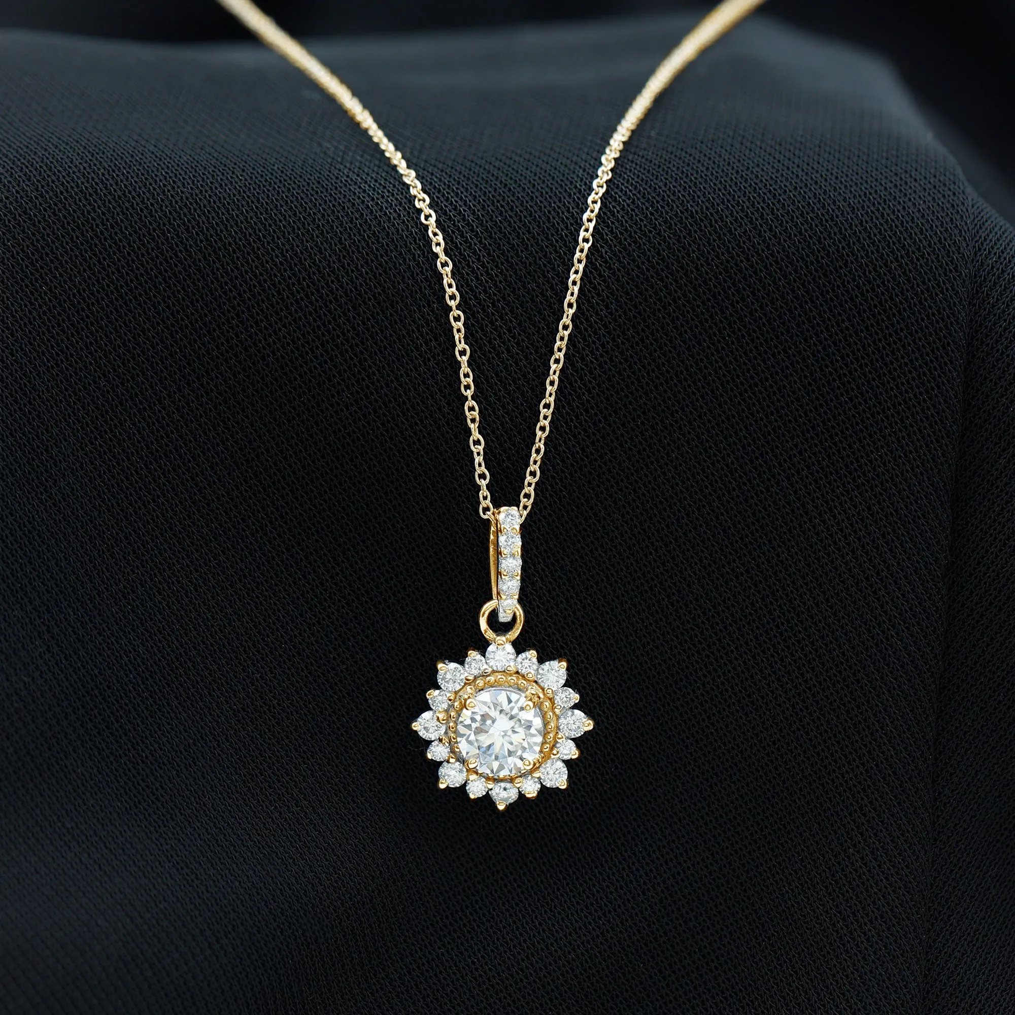 Round Moissanite Halo Pendant with Beaded Detailing