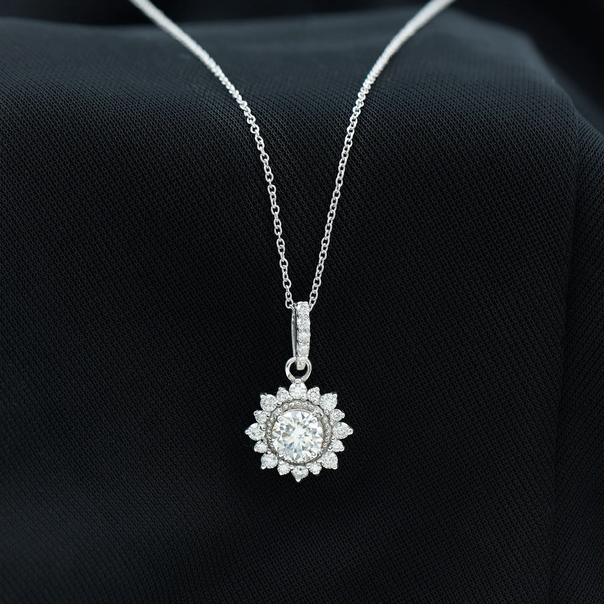 Round Moissanite Halo Pendant with Beaded Detailing