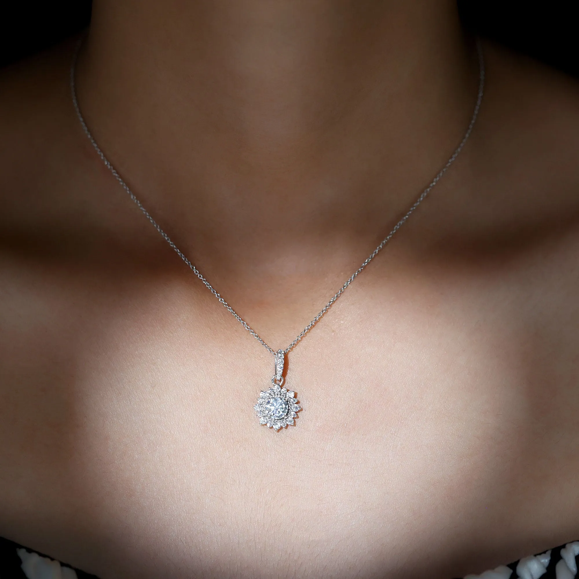 Round Moissanite Halo Pendant with Beaded Detailing