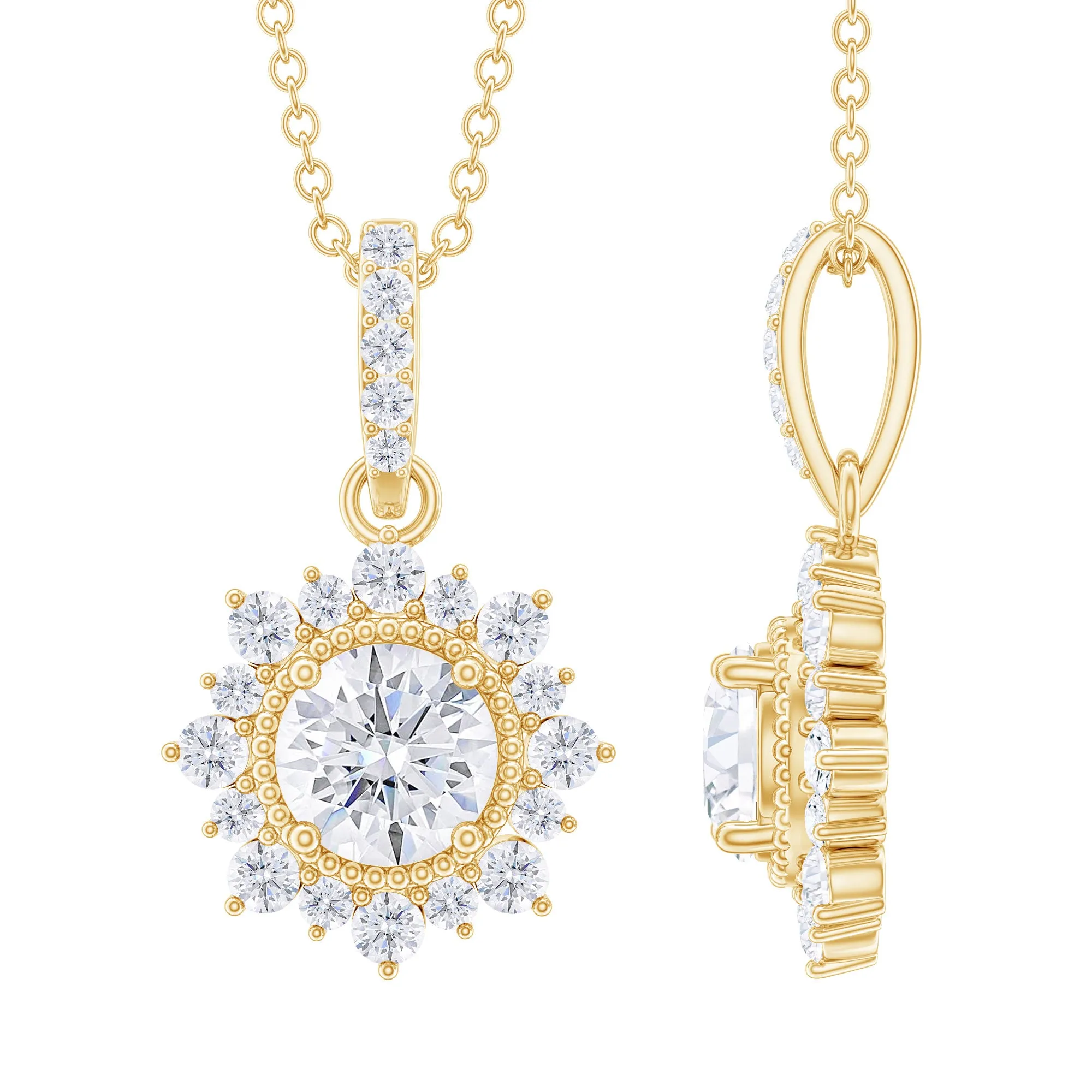 Round Moissanite Halo Pendant with Beaded Detailing