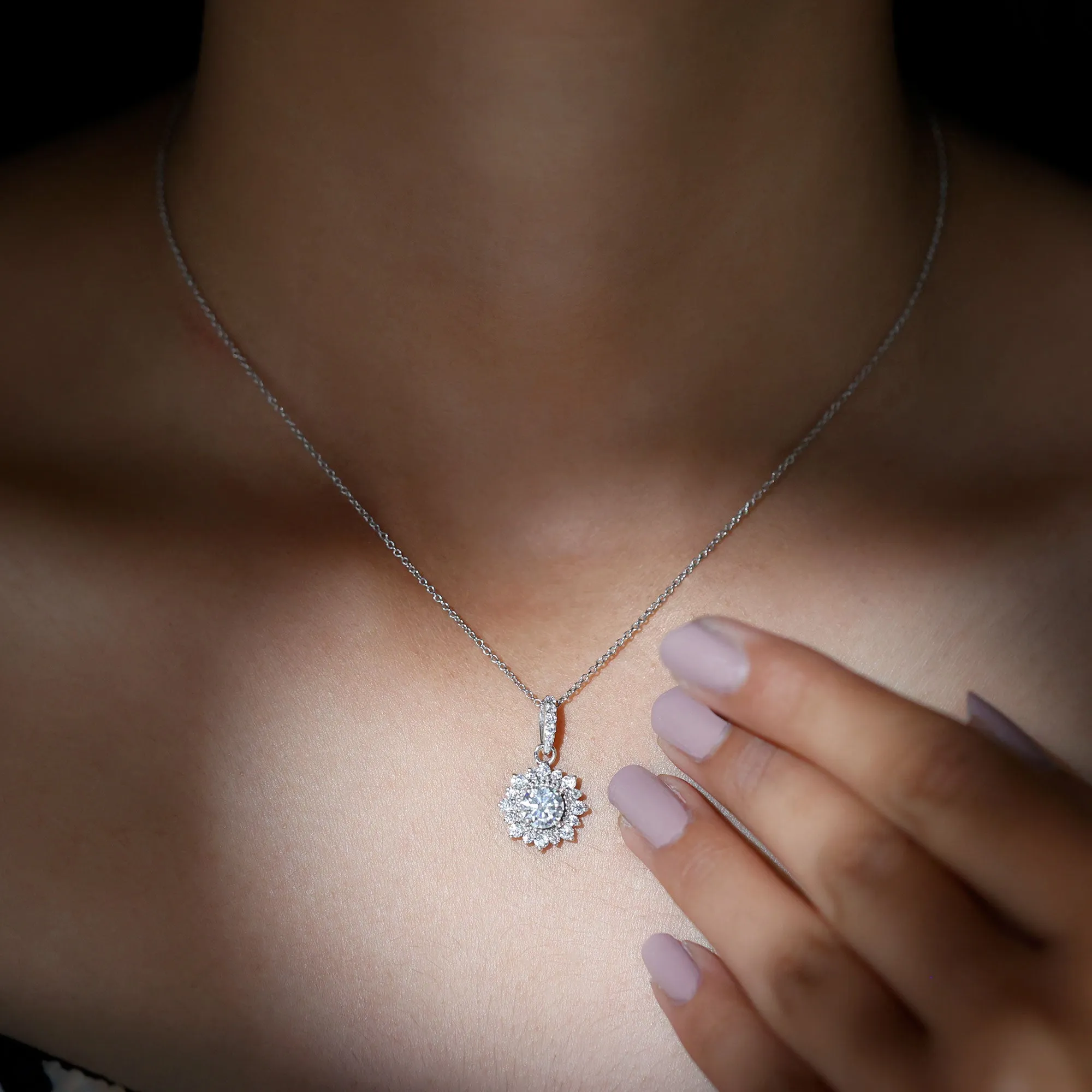 Round Moissanite Halo Pendant with Beaded Detailing