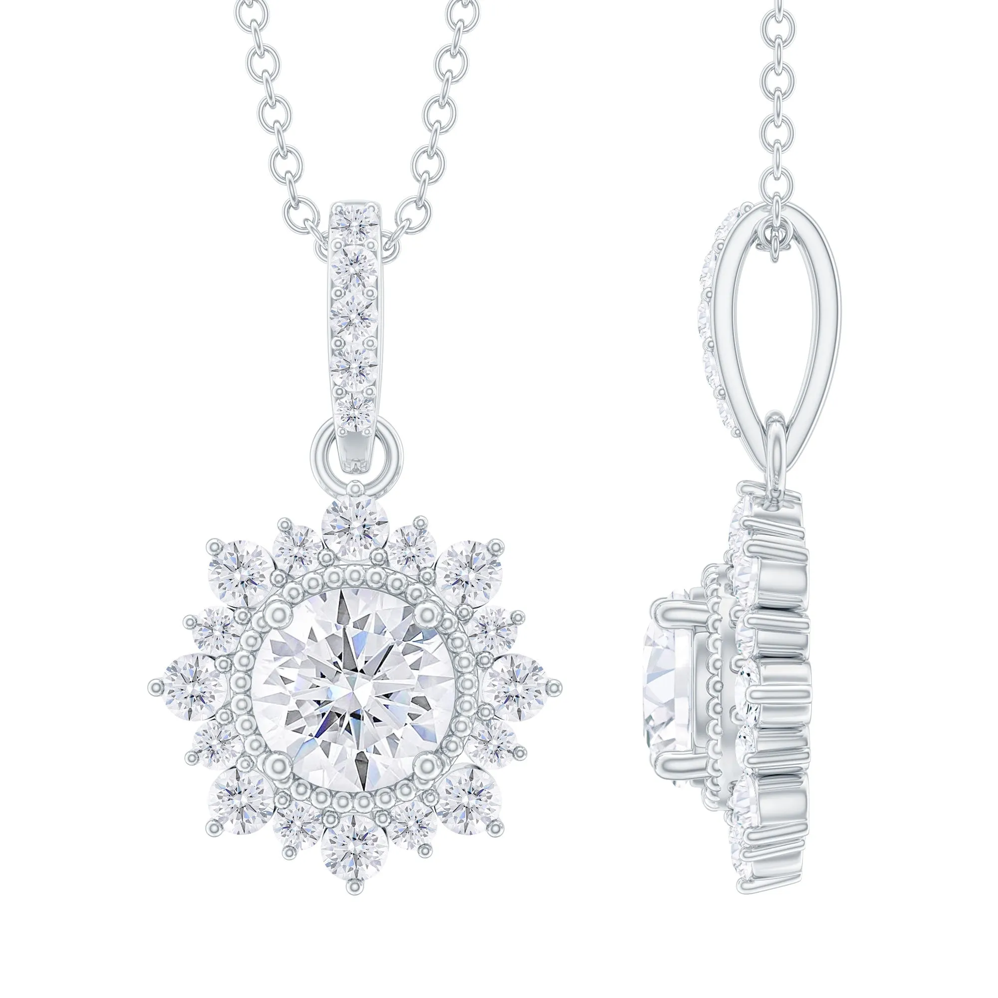 Round Moissanite Halo Pendant with Beaded Detailing
