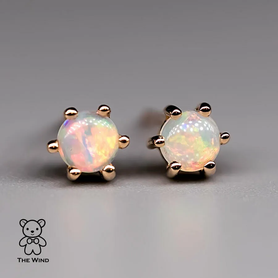 Round Shaped Six Prong Australian Solid Opal Stud Earrings 14K Yellow Gold