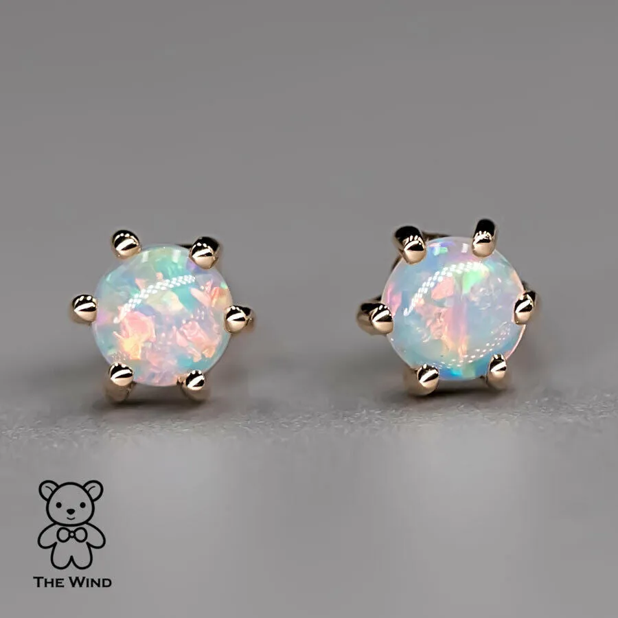 Round Shaped Six Prong Australian Solid Opal Stud Earrings 14K Yellow Gold