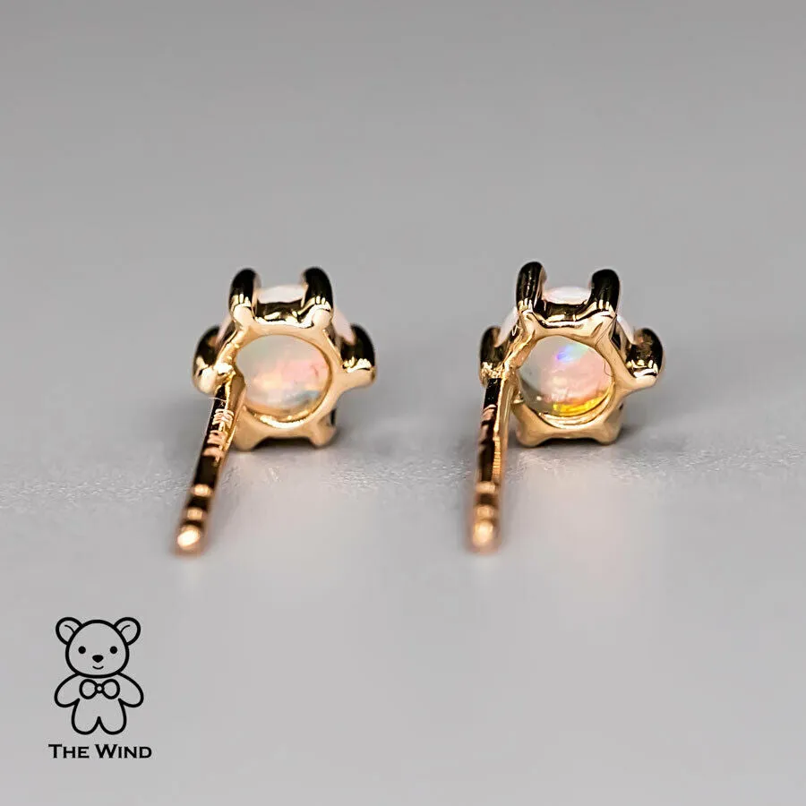 Round Shaped Six Prong Australian Solid Opal Stud Earrings 14K Yellow Gold