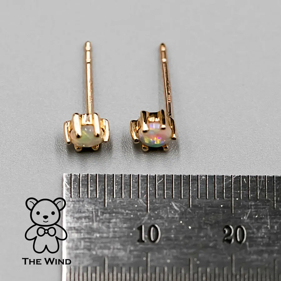 Round Shaped Six Prong Australian Solid Opal Stud Earrings 14K Yellow Gold