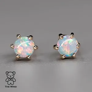 Round Shaped Six Prong Australian Solid Opal Stud Earrings 14K Yellow Gold