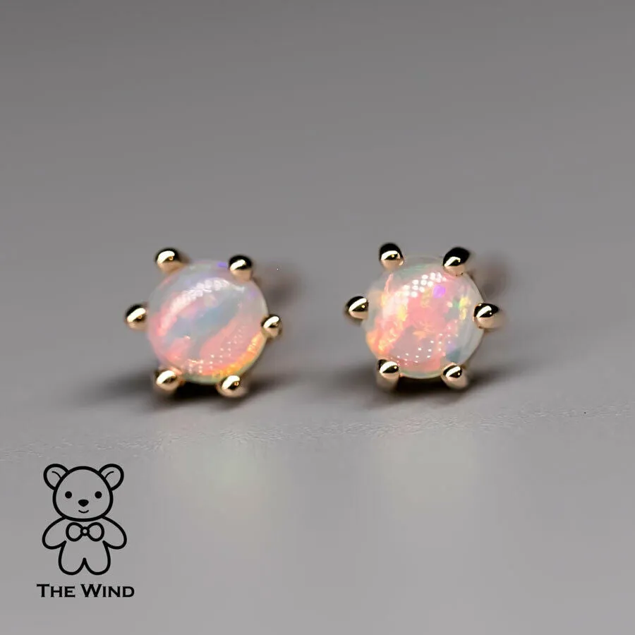 Round Shaped Six Prong Australian Solid Opal Stud Earrings 14K Yellow Gold