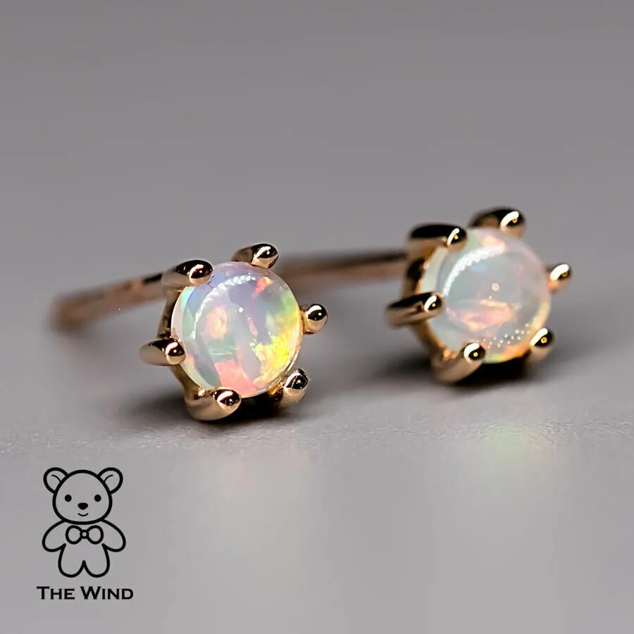 Round Shaped Six Prong Australian Solid Opal Stud Earrings 14K Yellow Gold