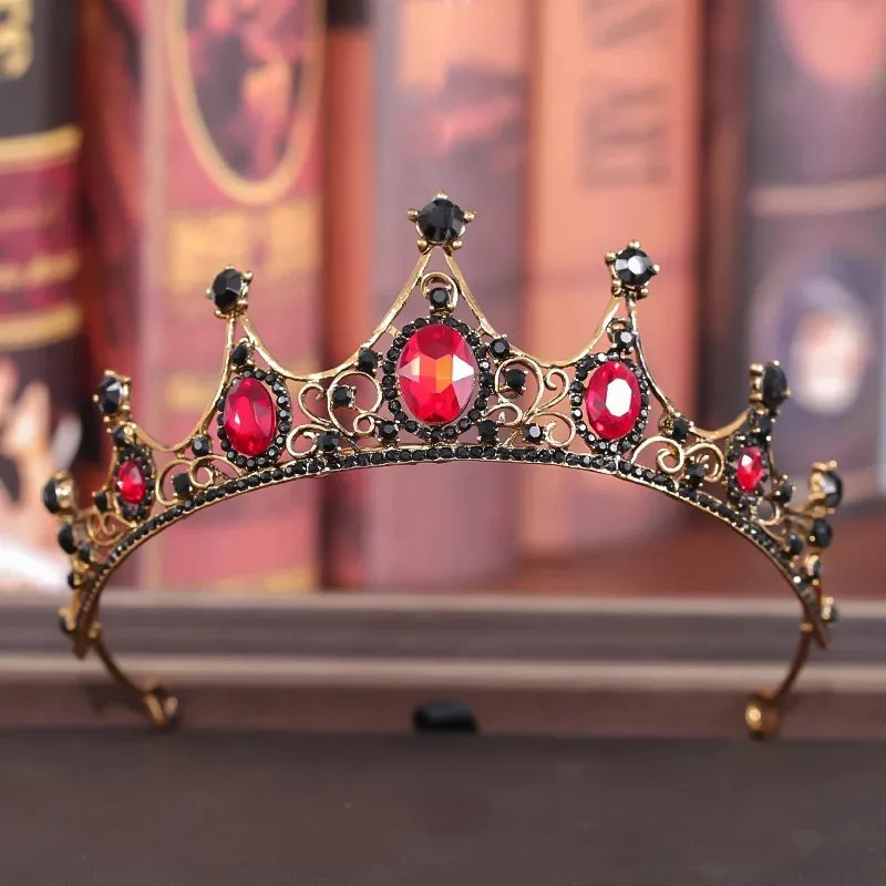 Ruby Red Vintage Baroque Dark Black Tiara Crown Goth Evil Queen headdress diadem bridal