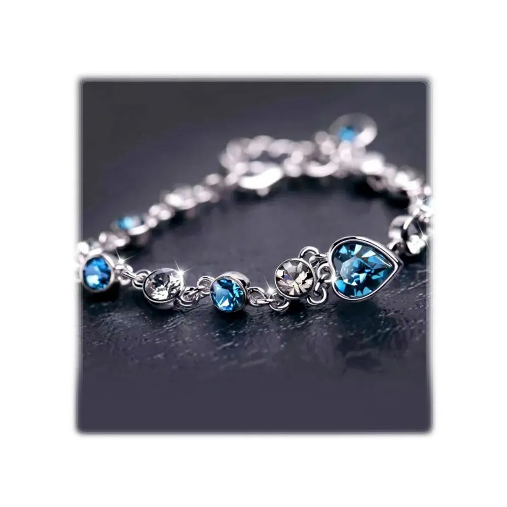 Silver Faux Sapphire/Diamond Crystal Heart Chain Bangle Bracelet