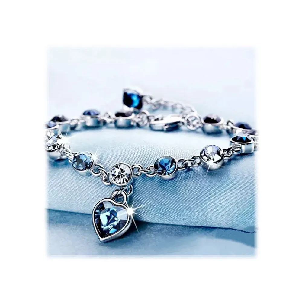 Silver Faux Sapphire/Diamond Crystal Heart Chain Bangle Bracelet