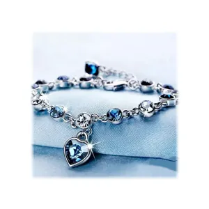 Silver Faux Sapphire/Diamond Crystal Heart Chain Bangle Bracelet