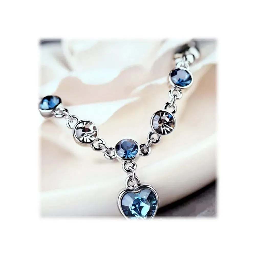 Silver Faux Sapphire/Diamond Crystal Heart Chain Bangle Bracelet