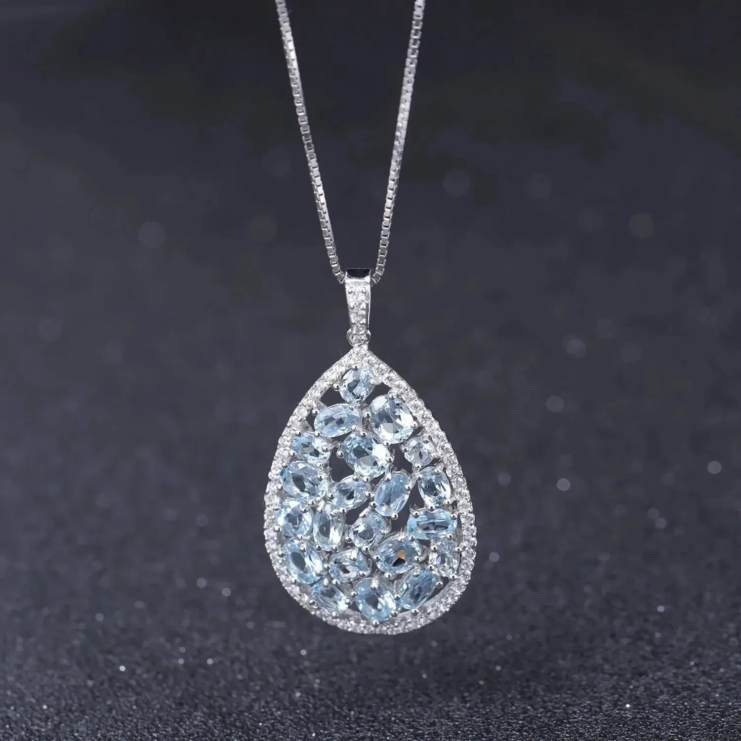 Sky Blue Topaz Drop Shape Cluster Necklace in Sterling Silver