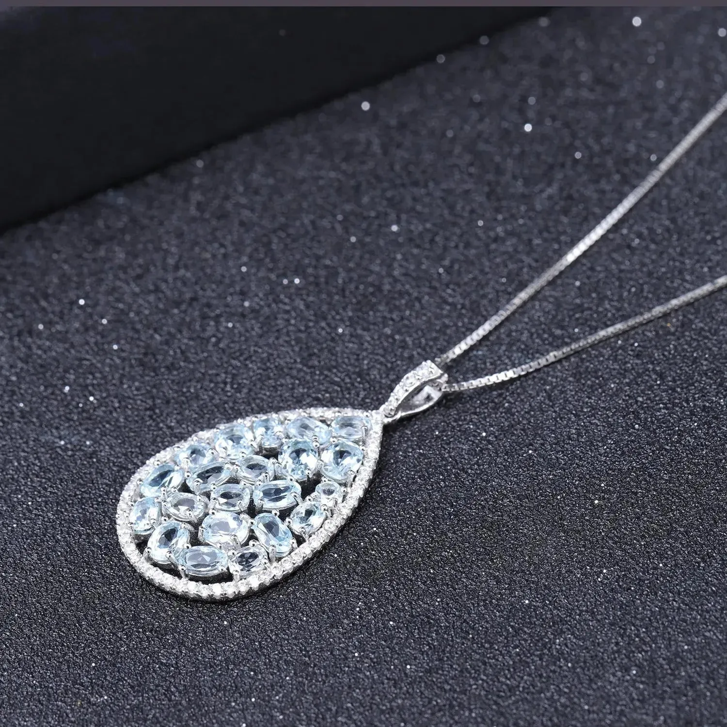 Sky Blue Topaz Drop Shape Cluster Necklace in Sterling Silver