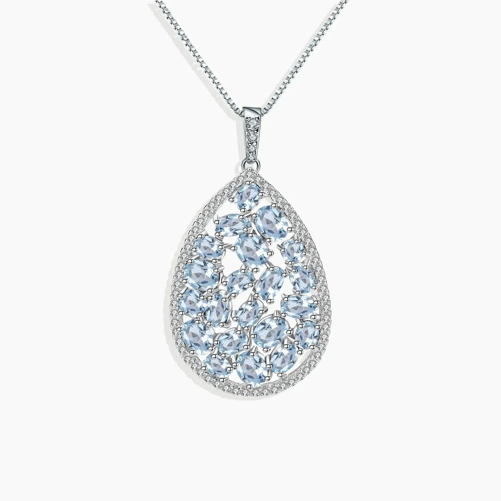 Sky Blue Topaz Drop Shape Cluster Necklace in Sterling Silver