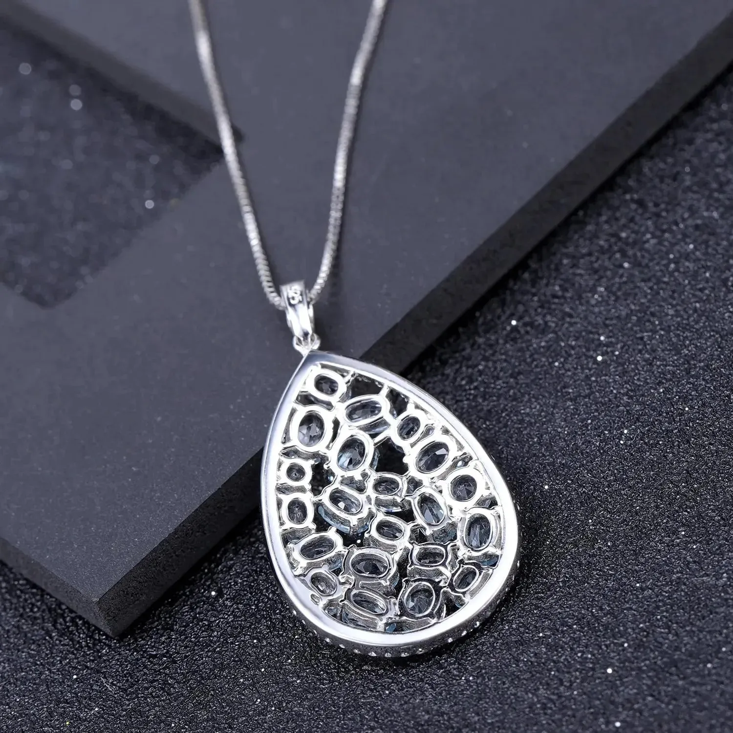 Sky Blue Topaz Drop Shape Cluster Necklace in Sterling Silver