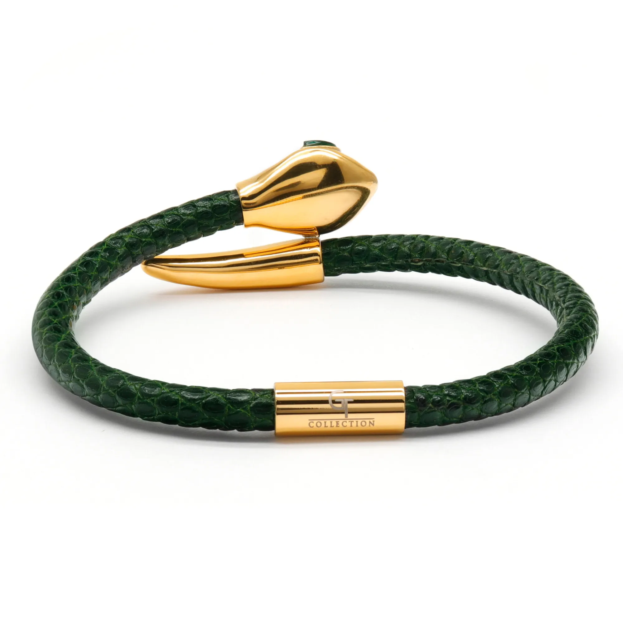 Snake Head Bracelet - Green Leather with Zircon