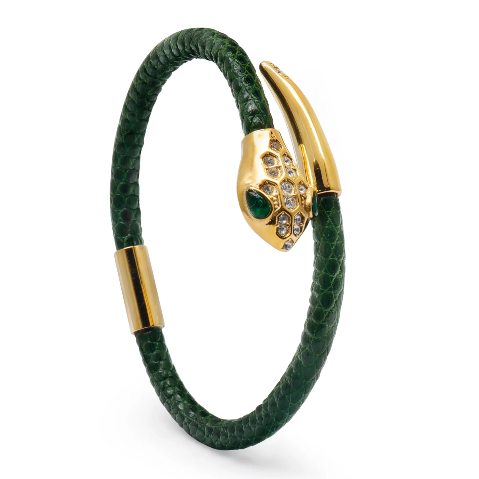 Snake Head Bracelet - Green Leather with Zircon