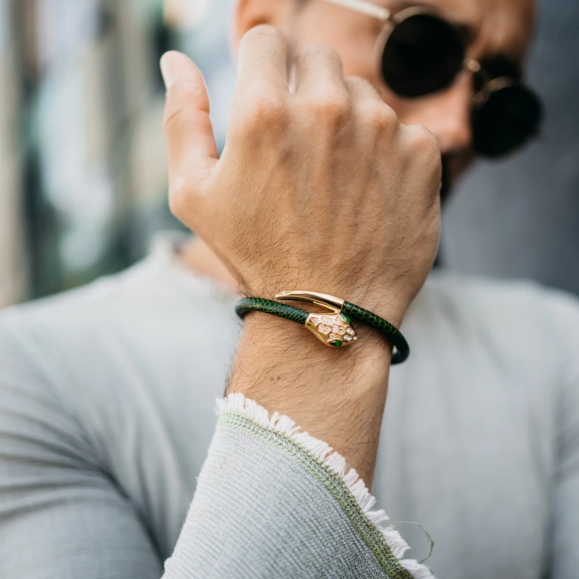 Snake Head Bracelet - Green Leather with Zircon