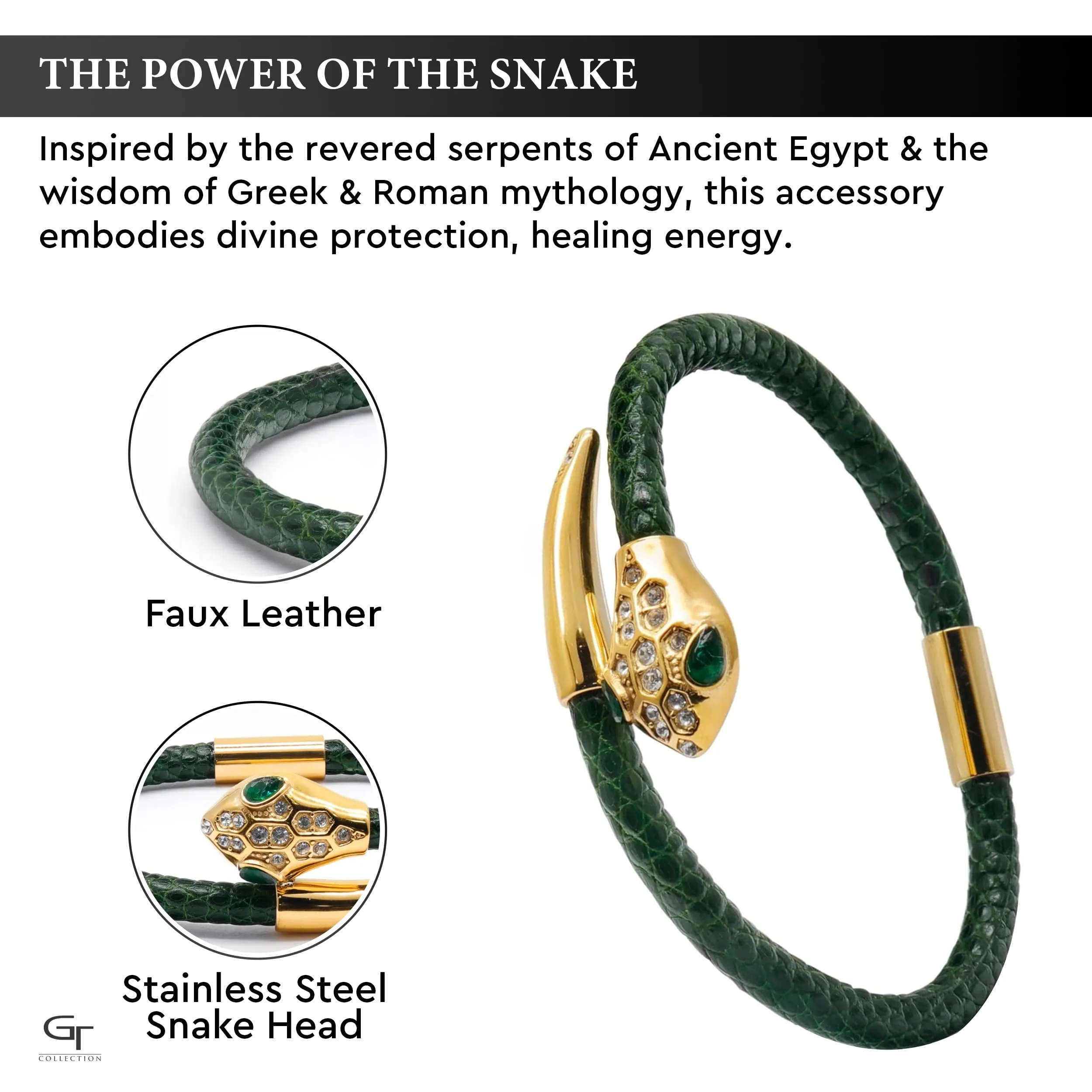 Snake Head Bracelet - Green Leather with Zircon