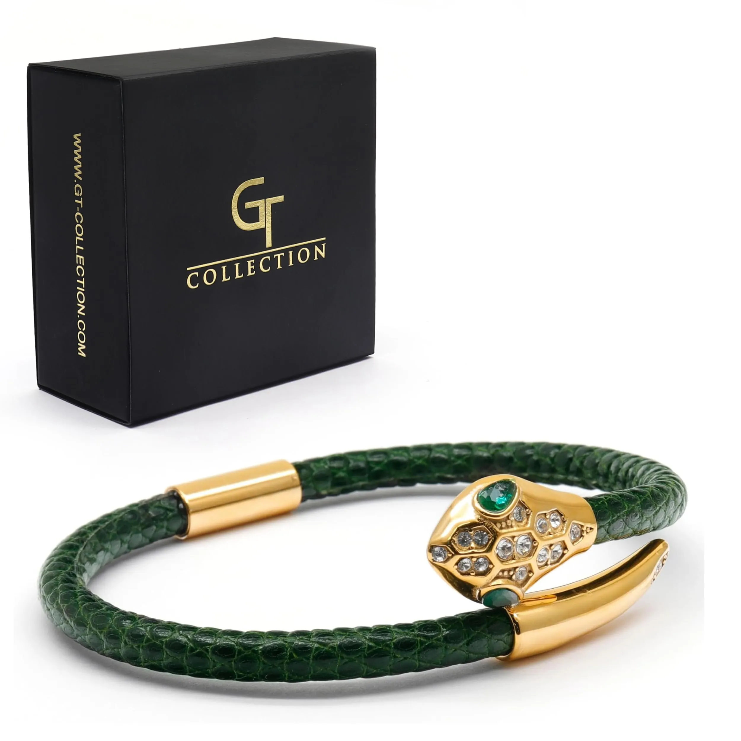 Snake Head Bracelet - Green Leather with Zircon