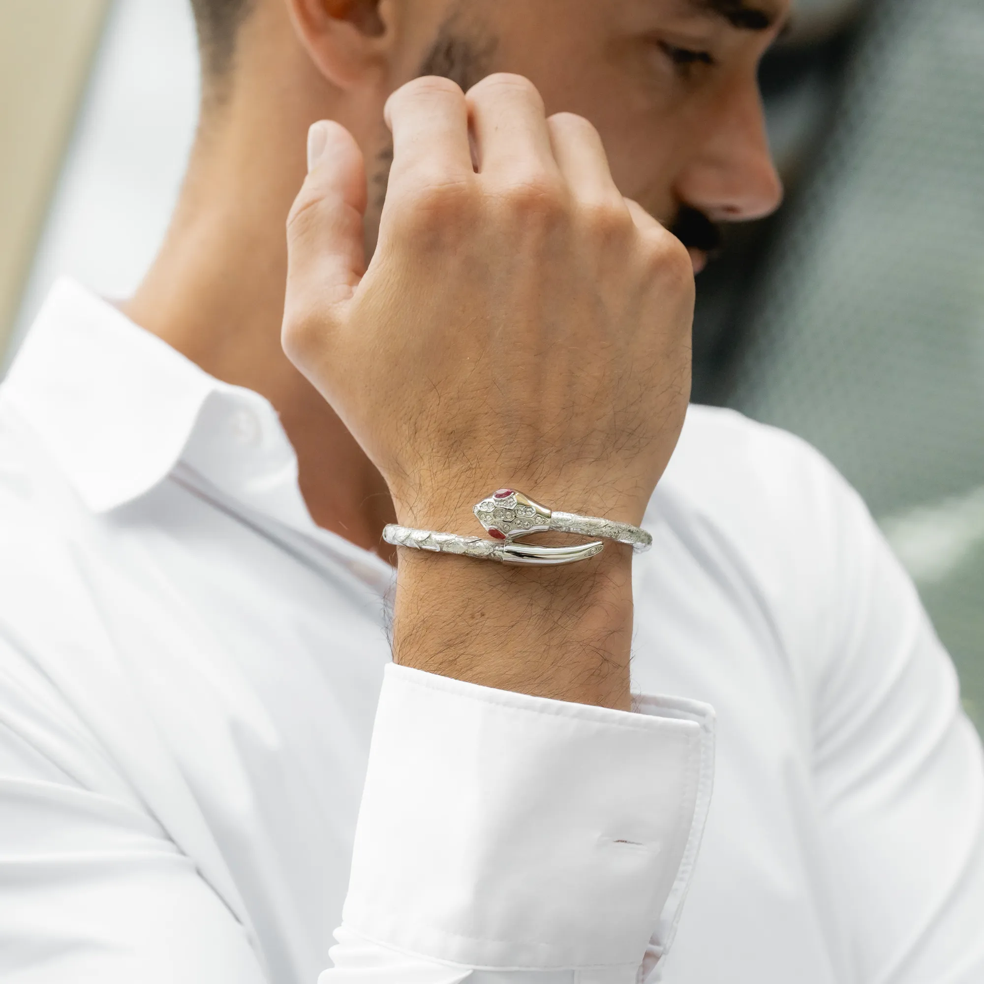 Snake Head Bracelet - Silver Python with Zircon
