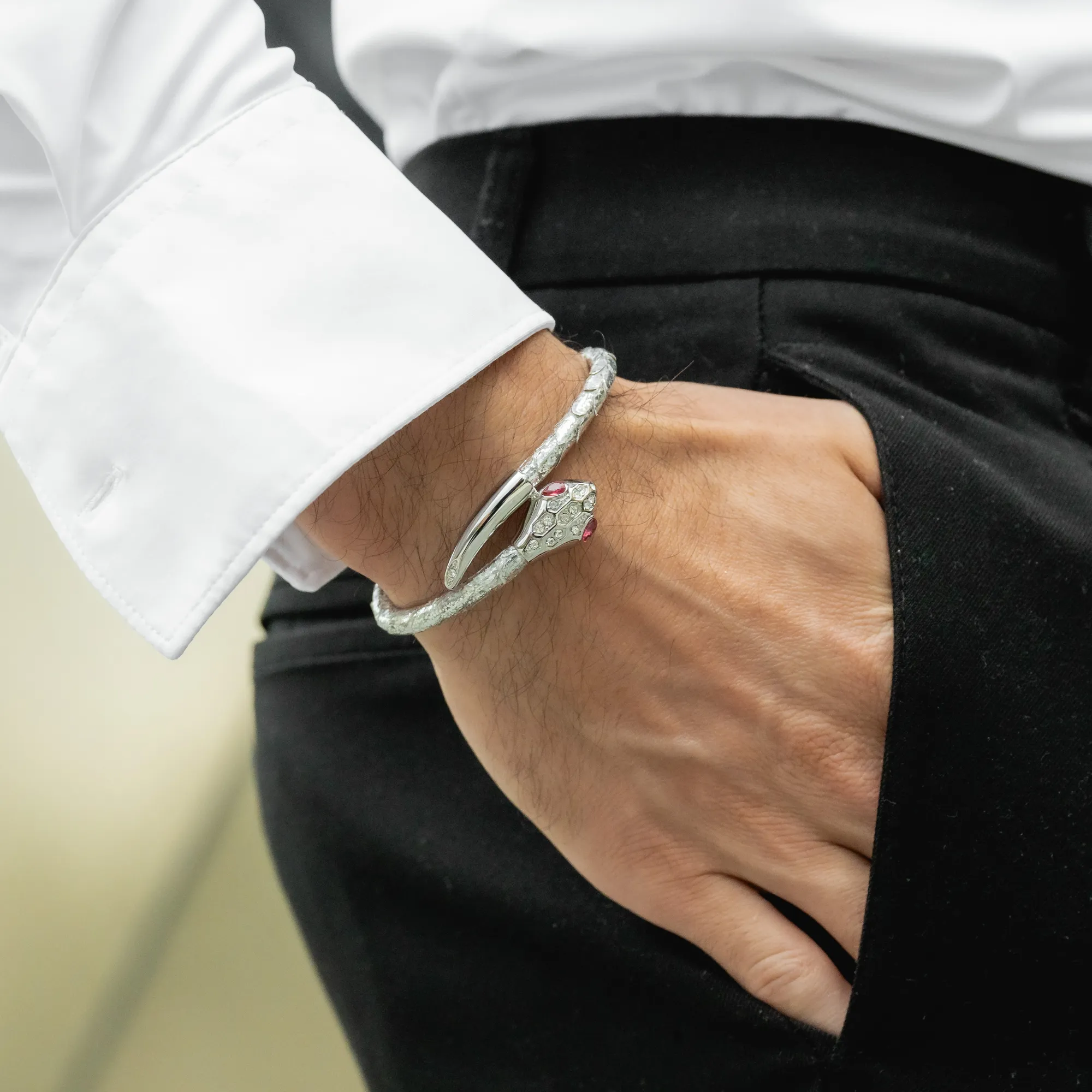 Snake Head Bracelet - Silver Python with Zircon