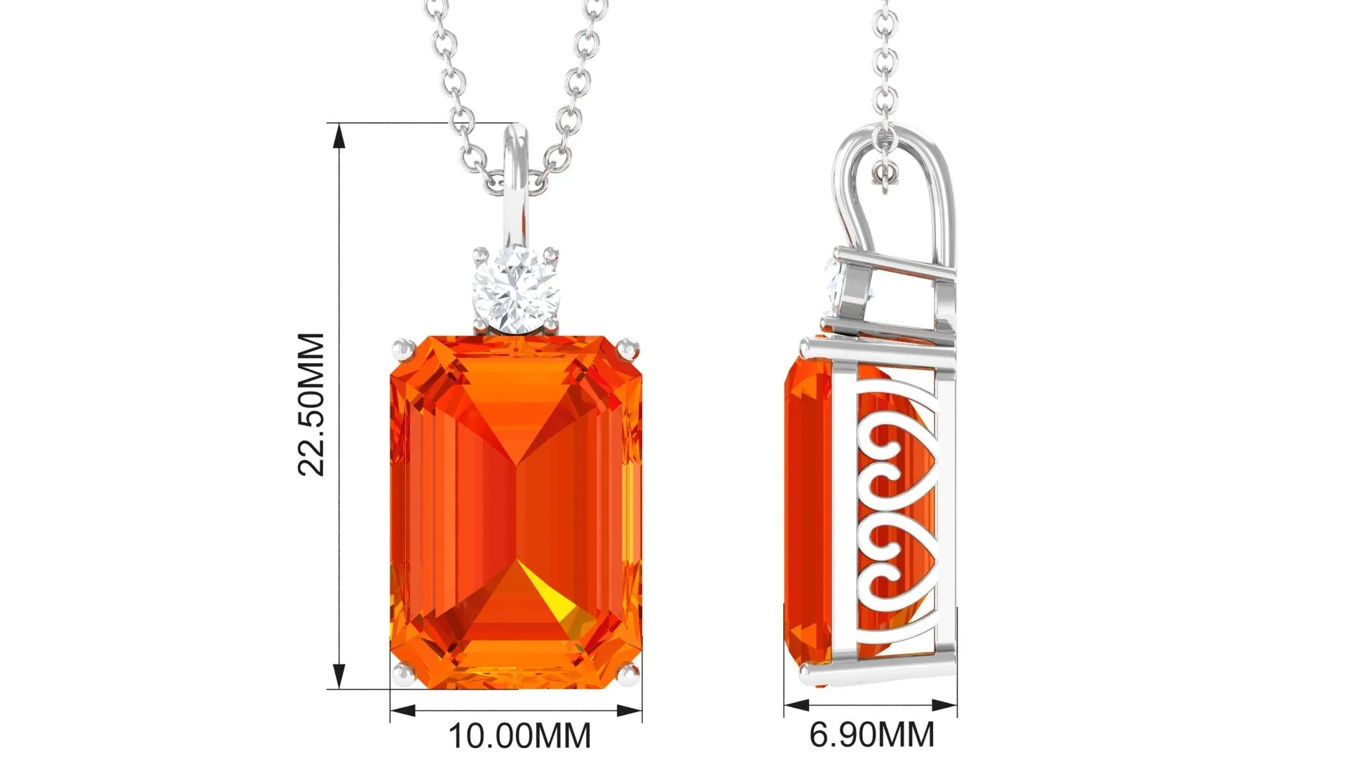 Solitaire Created Orange Sapphire and Moissanite Pendant