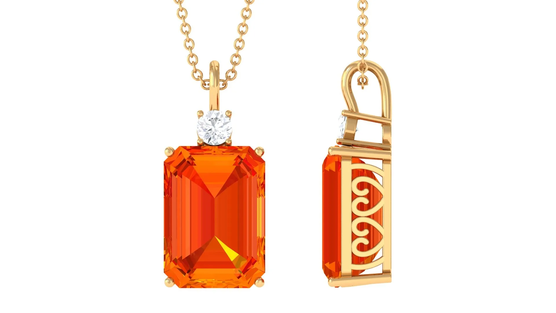 Solitaire Created Orange Sapphire and Moissanite Pendant