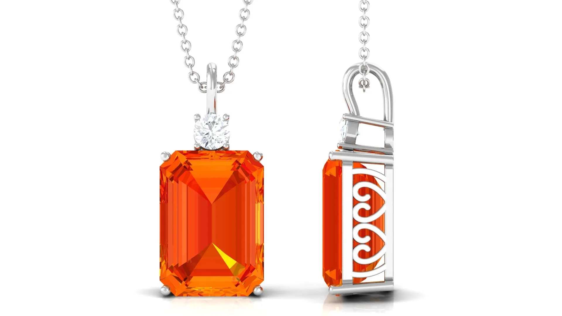 Solitaire Created Orange Sapphire and Moissanite Pendant